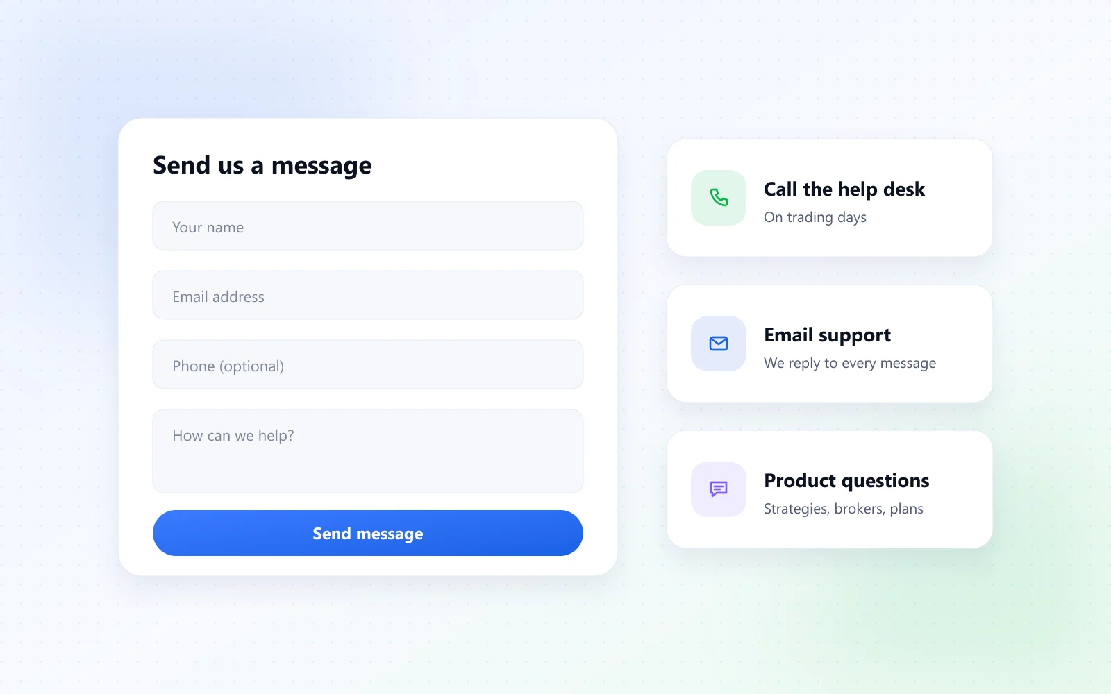 Algo trading support: message, call or email the team